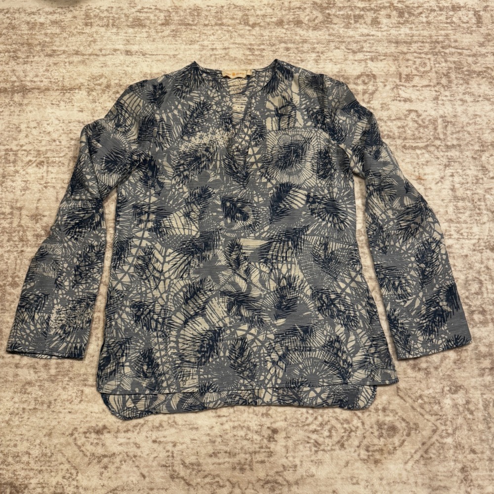 Tory Burch Blue White Abstract Botanical Print Long Sleeve Tunic Top Size 0